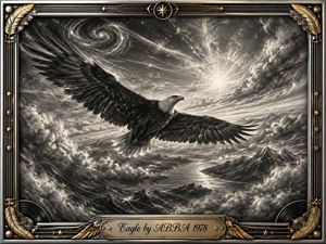 A majestic eagle soars above rugged mountains, winding water, and turbulent clouds beneath a radiant celestial sky. Deep charcoal textures create dramatic contrast, while silver, black, and gold accents enrich the ornate musical frame. Sweeping wings, glowing light, swirling stars, feather motifs, vinyl details, and the engraved title plate evoke freedom, wonder, and transcendence.