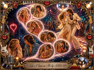 A radiant 1970s disco romance unfolds through glowing feathered bubbles that sweep in an S-curve toward a joyful dancing couple beneath a sparkling mirror ball. Warm gold, coral, cream, and midnight blue tones shimmer with theatrical light. An ornate music-themed frame of guitars, chrome, red lips, and vinyl details completes the polished digital painting.