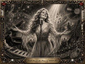 A radiant singer stands at a vintage microphone with arms open in joyful gratitude, surrounded by piano keys, guitars, musical notes, cheering silhouettes, and a glowing spotlight. Deep feathered charcoal creates a nostalgic, dramatic mood, while ornate gold-and-chrome musical framing, red lips, stars, records, and an engraved title plate add celebratory elegance.