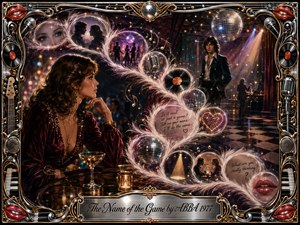 A glamorous 1970s woman sits thoughtfully in a dreamy disco lounge, watching a mysterious man across a reflective dance floor. Feathered bubbles sweep through the scene in an elegant S-curve, revealing romantic memories and musical symbols. Burgundy, violet, teal, gold, and chrome glow beneath soft spotlights, framed by ornate retro music-inspired details.