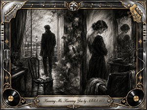 A deeply textured charcoal scene portrays two estranged figures separated within a dim, reflective interior, surrounded by drifting memories, empty chairs, piano, and turntable. Smoky blacks, silvery grays, and soft highlights create a melancholy, contemplative atmosphere, while an ornate chrome-and-gold musical frame and engraved title plate add elegant ABBA-era sophistication.