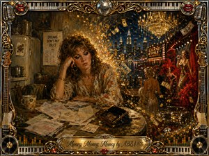 A weary 1970s woman sits among overdue bills in a dim, modest room as a glittering fantasy of wealth unfolds behind her. Golden coins, chandeliers, casino lights, city towers, and glamorous figures contrast with earthy browns and deep reds. Rich oil-paint textures, dramatic lighting, and an ornate musical frame create bittersweet theatrical elegance.