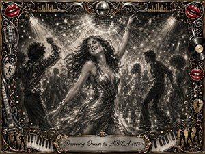 A joyful woman dances beneath a radiant disco ball, surrounded by lively silhouettes and sweeping stage lights. Deep feathered charcoal textures create dramatic movement, softened by silver highlights, warm gold accents, and vivid red lips in the ornate musical frame. Piano keys, records, microphones, stars, and elegant scrollwork complete the celebratory 1970s atmosphere.