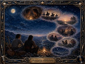 Two companions sit beside a glowing campfire overlooking a moonlit mountain valley, surrounded by dreamlike memories flowing in a soft S-curve. Deep indigo skies, silver stars, warm amber firelight, and smoky violet tones create a nostalgic mood. Painterly gouache textures, horseback silhouettes, distant conflict, and an ornate music-themed frame deepen the sense of remembrance.