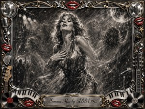 A glamorous woman dances beneath smoky stage lights in a richly textured charcoal scene, surrounded by ghostlike echoes of movement, musicians, and a shimmering disco ball. Deep blacks, silvery highlights, and sweeping strokes create romantic energy and nostalgia. An ornate chrome-and-gold frame features red lips, records, keyboards, microphones, and musical details.