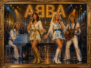 ABBA performs beneath enormous illuminated marquee letters on a glittering 1970s stage. The two singers command the center in white, gold, and blue costumes, accompanied by piano and guitar as warm spotlights, cheering silhouettes, and reflections fill the ornate gold-framed scene.