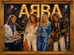 A closer concert portrait captures the four performers sharing a joyful musical moment beneath glowing ABBA lights. Sparkling costumes, microphones, piano keys, guitar, and rich amber lighting create a warm, nostalgic celebration of music and friendship.