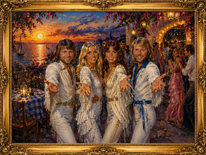 Four glamorous performers welcome the viewer into a lively seaside celebration overlooking a glowing sunset. Bougainvillea, lanterns, sailboats, dancing guests, wine tables, and white Mediterranean architecture create a joyful atmosphere framed in elaborate gold.