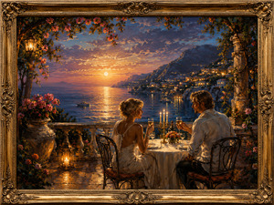 A couple shares an intimate candlelit dinner on a flower-covered terrace overlooking a peaceful coastal village. Wine glasses, warm lanterns, distant boats, and a radiant sunset suggest romance, uncertainty, and the possibility of beginning again.