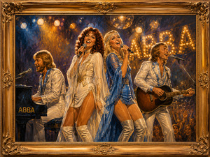 ABBA performs energetically beneath a disco ball and glowing marquee sign as the singers lean toward the audience with open, welcoming expressions. Piano, guitar, sparkling costumes, golden stage lights, and raised hands capture the excitement of taking an emotional risk.