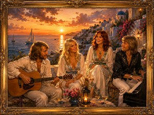 The four musicians gather on a Mediterranean terrace as the sun sinks behind sailboats and white hillside buildings. Guitar, piano, relaxed conversation, wine, flowers, and warm evening light transform surrender into a peaceful moment of companionship and acceptance.