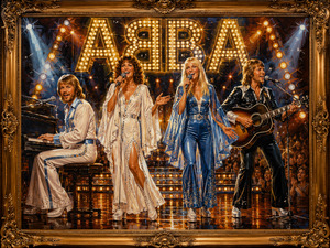 A brilliant concert scene presents the four performers beneath towering illuminated letters and powerful theatrical spotlights. White, blue, and black costumes shimmer across the reflective stage while the cheering crowd emphasizes success, spectacle, and the emotional cost hidden behind victory.
