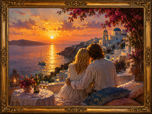 A couple dressed in white sits closely together above a quiet Greek island coastline. A glowing sunset, sailboat, lantern, wine glasses, bougainvillea, blue-domed buildings, and their gentle embrace create a reflective scene filled with memory and lasting devotion.