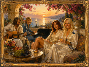 Four companions relax on a luxurious seaside terrace as sunset fades across the water. Two women share wine beside a table of fruit and flowers while guitar and piano music surround them, creating an elegant yet quietly expectant mood beneath flowering arches.