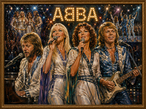 A layered concert montage presents the four performers singing and playing beneath dazzling lights and a glowing ABBA sign. Smaller background scenes show the group together before an audience, suggesting shared history, public success, and relationships remembered through music.