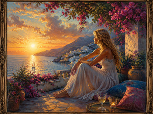 A solitary blonde woman sits barefoot beneath cascading flowers, gazing toward the setting sun and a distant coastal village. Her flowing white dress, untouched drink, small candle, and quiet posture convey loneliness, longing, and an unspoken plea for connection.