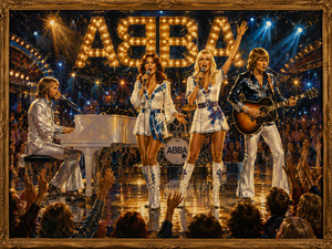 ABBA performs on a brilliant mirrored stage surrounded by disco lights, a grand piano, drums, guitar, and an enthusiastic crowd. The singers raise their voices beneath enormous glowing letters as blue and gold spotlights transform the ornate framed painting into a glamorous night of rhythm and invitation.