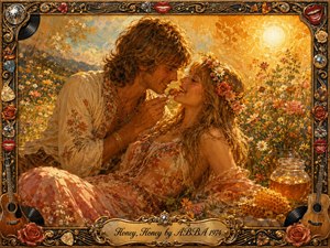 A playful hippie couple reclines in a wildflower meadow, sharing honey beneath glowing golden sunlight. Warm amber, peach, cream, and soft red tones create a tender, flirtatious mood. Rich oil, acrylic, and watercolor textures enhance the nostalgic scene, while roses, guitars, red lips, musical notes, and disco motifs decorate the ornate frame.
