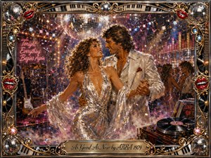 A glamorous couple dances beneath a glittering disco ball in a lively 1970s nightclub, surrounded by musicians, records, mirrors, and warm stage lights. Rich gold, silver, amber, and crimson tones create a joyful romantic mood. Painterly textures, sparkling reflections, ornate musical framing, and red lips evoke renewed love and celebration.