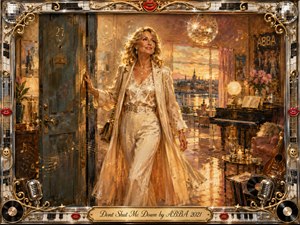 A glamorous blonde woman steps through an open doorway into a warm, music-filled apartment glowing with golden sunset light. Painted in rich oil-like textures, the scene feels hopeful, nostalgic, and triumphant. Cream, amber, rose, and teal tones surround a piano, disco ball, vinyl records, musical notes, and an ornate chrome-and-gold frame.