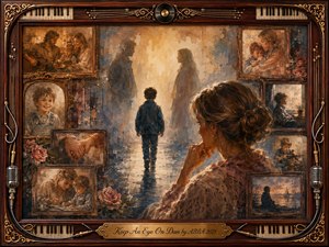 A nostalgic rosewood-framed collage centers on a mother watching a young boy walk toward two shadowy adults, suggesting separation and uneasy tenderness. Warm amber, sepia, muted blue, and rose tones glow through painterly textures, while surrounding family memories, roses, piano keys, microphones, strings, and a brass title plate deepen the bittersweet atmosphere.