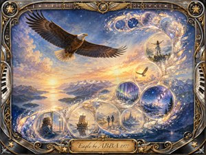 A majestic eagle soars above a luminous mountain fjord at sunrise, framed by sweeping feathered bubbles forming a graceful S-curve of dreamlike memories. Golden light blends with deep blues, violets, and silver tones. Ornate musical metalwork, piano keys, stars, and filigree surround the richly detailed watercolor-gouache composition.