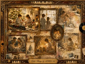 A warm, nostalgic Christmas collage captures children and family sharing quiet holiday moments beside glowing trees, candles, gifts, and snowy windows. Sepia golds, soft creams, and muted browns create an aged, tender atmosphere. Layered vintage frames, Polaroids, musical details, and gentle painterly textures surround the intimate scenes with luminous, memory-like softness.