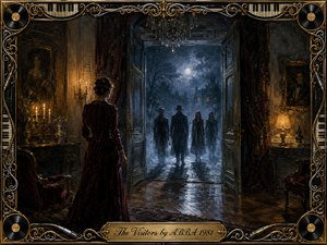 A solitary woman in a burgundy gown faces four shadowy visitors entering a grand candlelit manor through open doors. Cold blue moonlight and mist contrast with warm amber interiors, creating suspense and unease. Rich oil-paint textures, reflective floors, antique furnishings, and an ornate music-themed frame surround the haunting scene.
