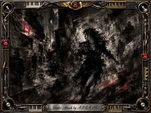 A lone woman races through a shadowy urban passage, her windswept figure surrounded by fractured charcoal textures, looming silhouettes, and flashes of crimson. Stark moonlight and distant city glow heighten the tense, hunted mood. An ornate black-and-gold music-themed frame, red lips, records, keyboards, and engraved title plate complete the dramatic composition.