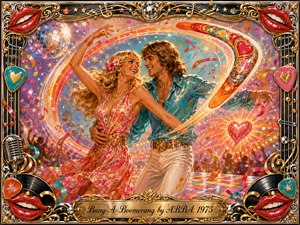 A joyful 1970s couple dances beneath disco lights as colorful boomerangs, hearts, music notes, and confetti swirl around them. Vibrant pink, turquoise, orange, and gold tones glow with festive stage lighting. A richly painted acrylic-oil style and ornate chrome-and-gold musical frame create a playful, romantic, celebratory atmosphere.