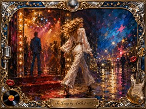 A glamorous woman in a shimmering white jumpsuit strides from a glowing disco into a rain-slicked midnight street, capturing confident departure and bittersweet freedom. Fiery amber club lights contrast with deep cobalt blues and neon reflections. Expressive painterly textures, mirrored disco balls, guitars, records, chrome ornaments, and gold framing create theatrical 1970s elegance.