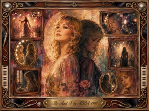 A glamorous woman appears as two intertwined selves within an ornate rosewood-and-gold frame, surrounded by faded portraits, mirrors, stage scenes, and disco lights. Warm amber, dusty rose, mauve, and teal tones glow softly across painterly textures, creating a nostalgic, introspective mood of divided identity, memory, performance, and quiet self-reflection.