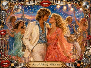 A glamorous couple dances closely at a lively waterfront disco celebration, surrounded by joyful partygoers, guitars, confetti, and mirrored balls. Warm gold, coral, turquoise, and midnight blue glow beneath brilliant stage lights. Rich painterly textures create romantic vintage energy, while an ornate musical frame and engraved title plate complete the nostalgic scene.