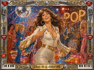 A radiant woman dances confidently at the center of a lively 1970s disco stage, surrounded by musicians, dancers, glowing lights, and a shimmering mirror ball. Rich creams, golds, reds, blues, and pinks create a joyful mood, while textured acrylic brushwork and an ornate musical frame enhance the glamorous celebration.