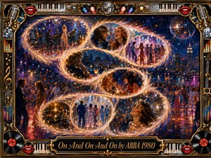 A dazzling disco nightlife collage unfolds in deep blues, golds, and violet light, with dancers, musicians, romantic encounters, city lights, and mirrored balls linked by glowing feathered curves. Rich painterly textures and sparkling highlights create energetic nostalgia, framed by ornate gold, keyboards, microphones, records, red lips, and musical details.