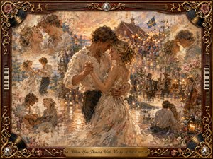 A tender couple dances at the heart of a nostalgic Scandinavian summer celebration, surrounded by softly faded memories of music, laughter, and quiet affection. Warm gold, cream, dusty rose, and muted blue glow beneath lantern light, while layered oil, acrylic, and watercolor textures blend into an ornate rosewood-and-gold musical frame.