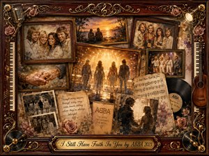 A warm nostalgic collage celebrates enduring faith and shared memories through vintage rosewood frames, faded portraits, clasped hands, sheet music, roses, vinyl records, and glowing stage scenes. Golden amber, sepia, cream, and dusty rose tones blend through painterly oil, acrylic, and watercolor textures, framed by ornate musical gold detailing.