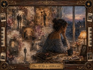 A solitary woman sits beside a rain-streaked window, surrounded by fading framed memories of love, departure, and loneliness. Warm amber lamplight contrasts with cool blue-gray evening rain, creating a tender, melancholy atmosphere. Layered oil, acrylic, and watercolor textures blend softly within an ornate rosewood, gold-inlaid musical frame and engraved title plate.