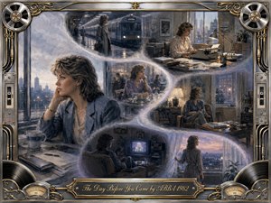 A solitary woman moves through an ordinary day of trains, work, dining, television, and quiet reflection, arranged along a luminous S-curved timeline. Cool blue-gray tones, soft evening light, and painterly textures create wistful isolation. An ornate chrome-and-gold frame, vinyl records, VU meters, and engraved title plate complete the nostalgic composition.