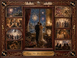 A nostalgic New Years Eve collage surrounds a romantic couple watching fireworks through a moonlit city window. Warm rosewood frames, golden musical inlays, piano keys, vinyl records, microphones, and a disco ball enrich the composition. Soft oil-painted textures, muted blues, amber light, confetti, champagne, and faded celebrations create bittersweet hopefulness.