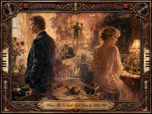 A bittersweet couple stands apart in a warmly lit room, surrounded by fading photographs, handwritten pages, roses, and musical relics that suggest a shared past. Rich amber, bronze, cream, and shadowy brown tones create nostalgic intimacy, while expressive painterly textures and an ornate music-themed frame deepen the reflective, farewell mood.