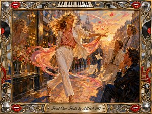 A glamorous blonde woman strides through a glowing city street at sunset, surrounded by admiring onlookers, swirling pink ribbons, hearts, and fluttering pages. Warm gold, coral, cream, and blue tones create a romantic, energetic mood. Rich painterly brushwork is framed by ornate chrome, gold, guitars, vinyl records, disco balls, and red lips.