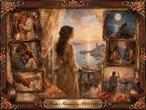 A wistful woman stands on a seaside balcony at sunset, surrounded by rosewood-framed memories of dancing, embracing, handholding, moonlit romance, and farewell. Warm gold, peach, rose, and blue tones glow through painterly oil, acrylic, and watercolor textures, while ornate roses, guitar strings, music motifs, and an engraved title plate frame the nostalgic collage.