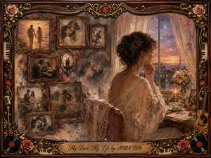 A wistful woman sits beside a twilight window, surrounded by rosewood-framed memories of love, tenderness, and separation. Warm amber, rose, cream, and dusky violet tones glow through painterly oil, acrylic, and watercolor textures. Ornate musical borders, roses, records, guitars, and gilded details deepen the nostalgic, bittersweet atmosphere.