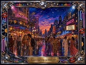 A glamorous 1970s summer city glows beneath an indigo, starry sky as couples dance and stroll along neon-lit streets. Wet pavement reflects magenta, cobalt, amber, and gold lights, creating a dreamy, romantic energy. Rich gouache-style painting, ornate chrome-and-gold framing, disco motifs, and vivid nightlife details complete the scene.