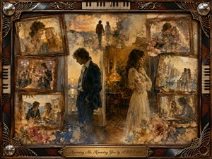 A nostalgic mixed-media collage portrays a couple emotionally drifting apart within a warmly lit vintage interior, surrounded by framed memories of happier moments. Sepia golds, muted blues, cream, and rose tones create bittersweet warmth. Painterly oil, acrylic, and watercolor textures blend with ornate musical framing, roses, records, piano keys, and a brass title plate.