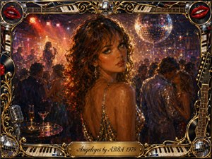 A glamorous woman with luminous, captivating eyes turns toward the viewer in a crowded disco nightclub glowing with amber, red, and violet light. Loose impressionistic brushwork gives the scene romantic tension and seductive mystery. Mirrored disco balls, dancing couples, cocktails, instruments, red lips, and ornate gold musical details frame the composition.
