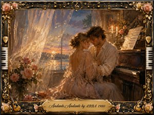 A tender couple embraces beside a dark wooden piano in a candlelit room overlooking a glowing twilight landscape. Soft gold, blush, cream, and dusky blue tones create a dreamy romantic mood. Impressionistic brushwork, billowing curtains, roses, floating musical notes, and an ornate music-themed frame enrich the nostalgic, intimate composition.