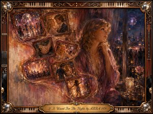 A solitary woman gazes through a rain-streaked nighttime window while warm, fading memories of dancing, romance, and crowded disco scenes swirl behind her in antique frames. Rich amber, burgundy, violet, and midnight blue tones glow under soft cinematic light, blending nostalgic oil-paint textures with ornate piano keys, records, guitars, mirror balls, and gold detailing.