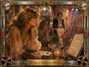 A thoughtful woman gazes toward a distant man in a warm 1970s lounge, surrounded by playing cards, sheet music, a rose, guitar, microphone, mirrors, and disco reflections. Rich amber, rose, cream, and muted blue tones glow through painterly oil and watercolor textures, framed by ornate chrome, gold, vinyl, and musical details.